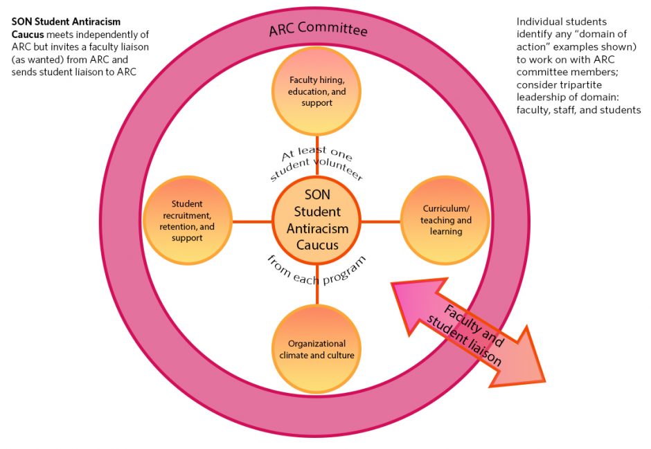 Diagram showing organization of student Antiracism Caucus within School of Nursing Antiracism Committee